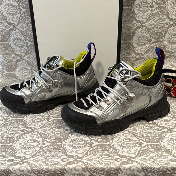Gucci Silver and Black Flashtrek Sneakers with Crystal Straps - Picture 3 of 9